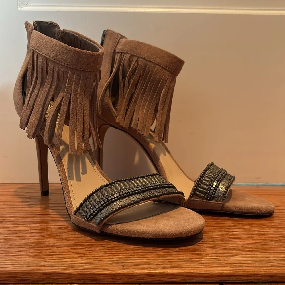 Vince Camuto Taupe Suede Fringe Beaded Open-Toe Heels